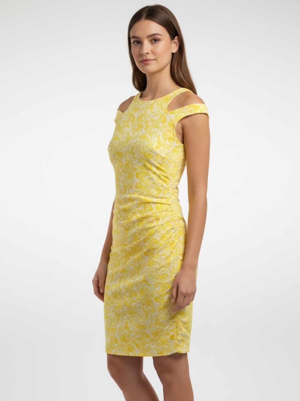 Cache Floral Cutout Sheath Dress Yellow & White Size 2